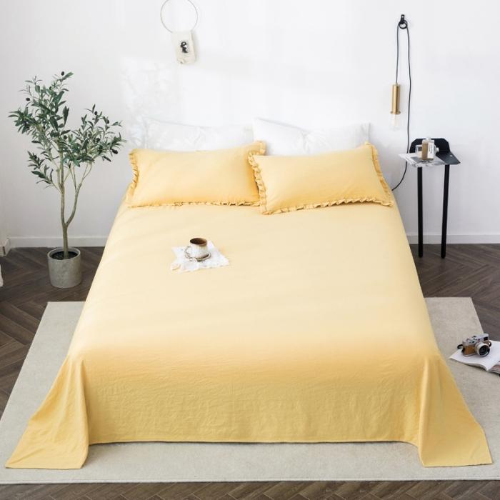 91家纺网 家纺一手货源 找家纺 轻奢坊 2020新款水洗棉日系褶皱短花边单品床单 象牙黄