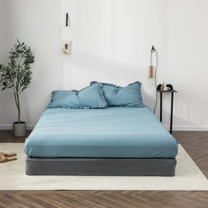 轻奢坊 2023新款水洗棉日系褶皱短花边单品床笠 深湖蓝