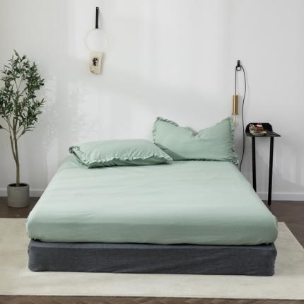 91家纺网 家纺一手货源 找家纺 轻奢坊 2023新款水洗棉日系褶皱短花边单品床笠 月白绿