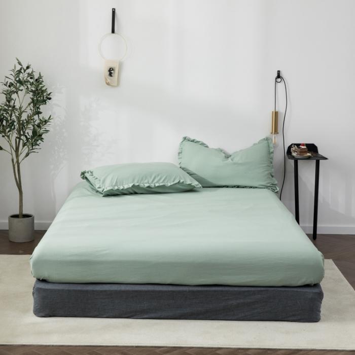 91家纺网 家纺一手货源 找家纺 轻奢坊 2023新款水洗棉日系褶皱短花边单品床笠 月白绿