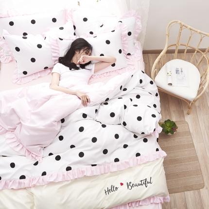 91家纺网 家纺一手货源 找家纺 欧冠 2020款水洗真丝绣花床裙款四件套 波点-粉白