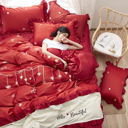 91家纺网 家纺一手货源 找家纺 欧冠 2020款水洗真丝绣花床裙款四件套 心动-红