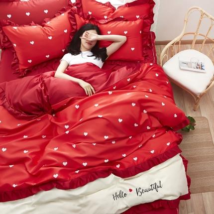 91家纺网 家纺一手货源 找家纺 欧冠 2020款水洗真丝绣花床裙款四件套 挚爱-红