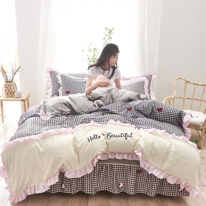 91家纺网 家纺一手货源 找家纺 欧冠 2020款水洗真丝绣花床裙款四件套 倾心-灰