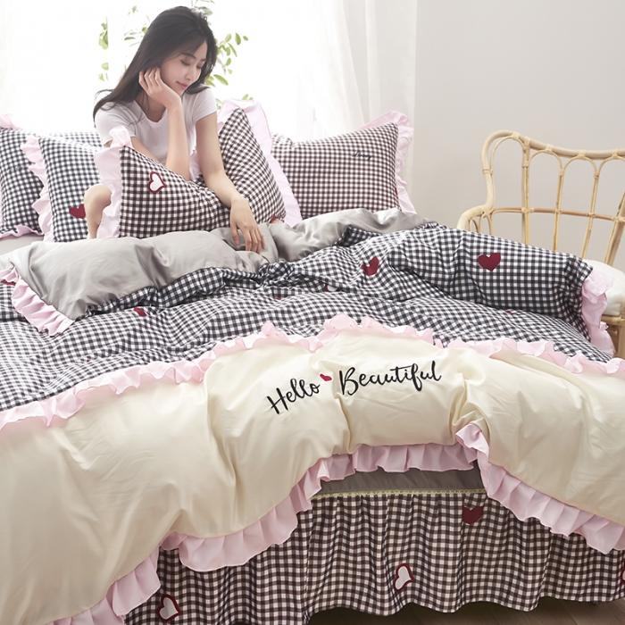 91家纺网 家纺一手货源 找家纺 欧冠 2020款水洗真丝绣花床裙款四件套 倾心-灰