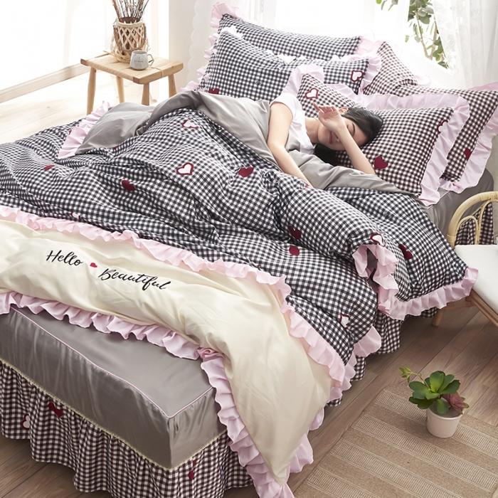 91家纺网 家纺一手货源 找家纺 欧冠 2020款水洗真丝绣花床裙款四件套 倾心-灰