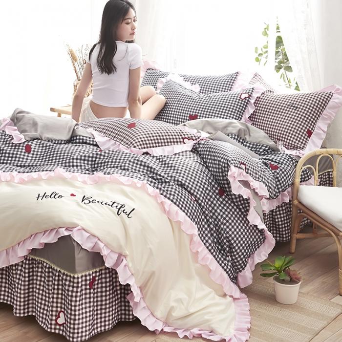 91家纺网 家纺一手货源 找家纺 欧冠 2020款水洗真丝绣花床裙款四件套 倾心-灰