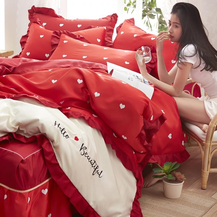 91家纺网 家纺一手货源 找家纺 欧冠 2020款水洗真丝绣花床裙款四件套 挚爱-红