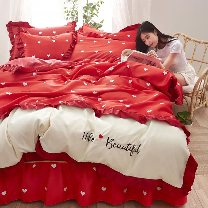 91家纺网 家纺一手货源 找家纺 欧冠 2020款水洗真丝绣花床裙款四件套 挚爱-红