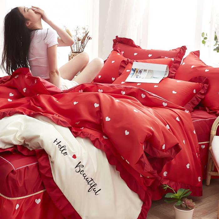 91家纺网 家纺一手货源 找家纺 欧冠 2020款水洗真丝绣花床裙款四件套 挚爱-红