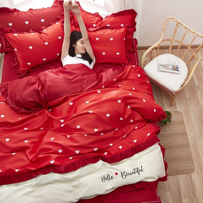 91家纺网 家纺一手货源 找家纺 欧冠 2020款水洗真丝绣花床裙款四件套 挚爱-红