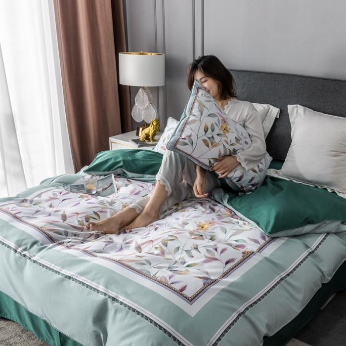 91家纺网 家纺一手货源 找家纺 优然居 2020新款数码印花四件套 丛林蜜语-浅绿