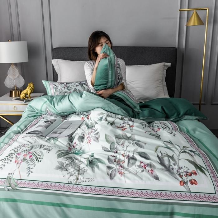 91家纺网 家纺一手货源 找家纺 优然居 2020新款数码印花四件套 花影钰淑-绿