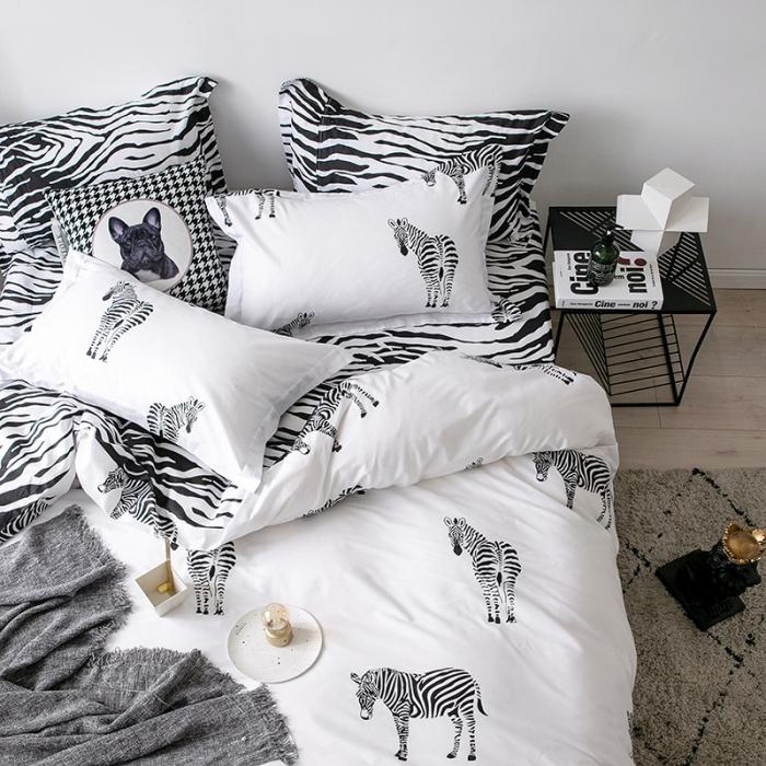 91家纺网 家纺一手货源 找家纺 艾佳  2025新款全棉经典黑白四件套床单款 斑马