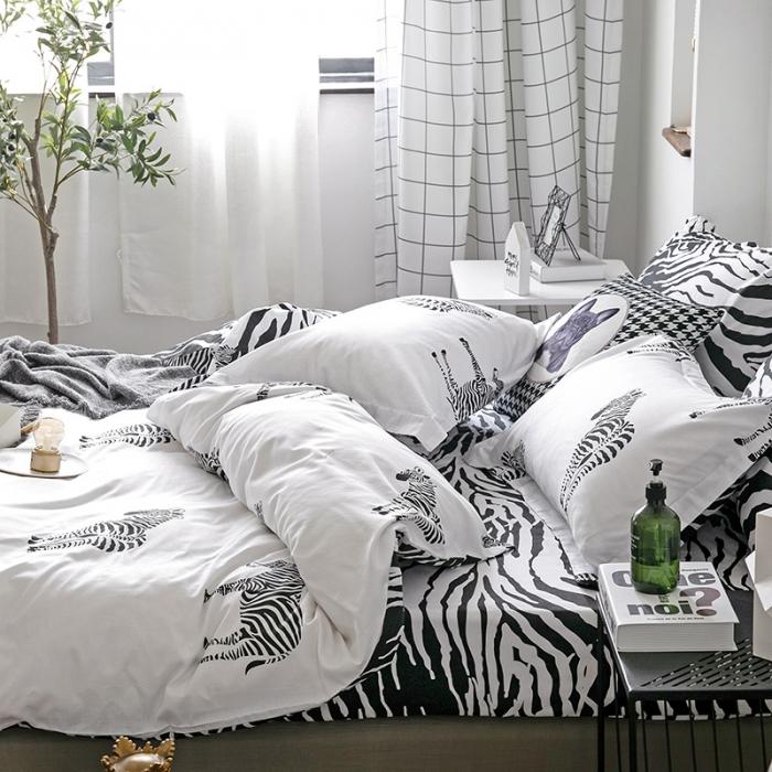 91家纺网 家纺一手货源 找家纺 艾佳  2025新款全棉经典黑白四件套床单款 斑马