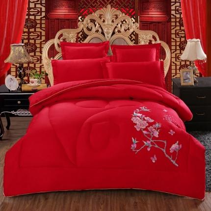 91家纺网 家纺一手货源 找家纺 玉雅家纺 2025新款全棉婚庆刺绣舒适被婚庆被全棉被 十里桃花-红