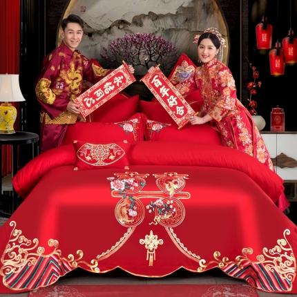 91家纺网 家纺一手货源 找家纺 玉雅家纺 2025新款绣花婚庆四件套多件套255系列双喜良缘