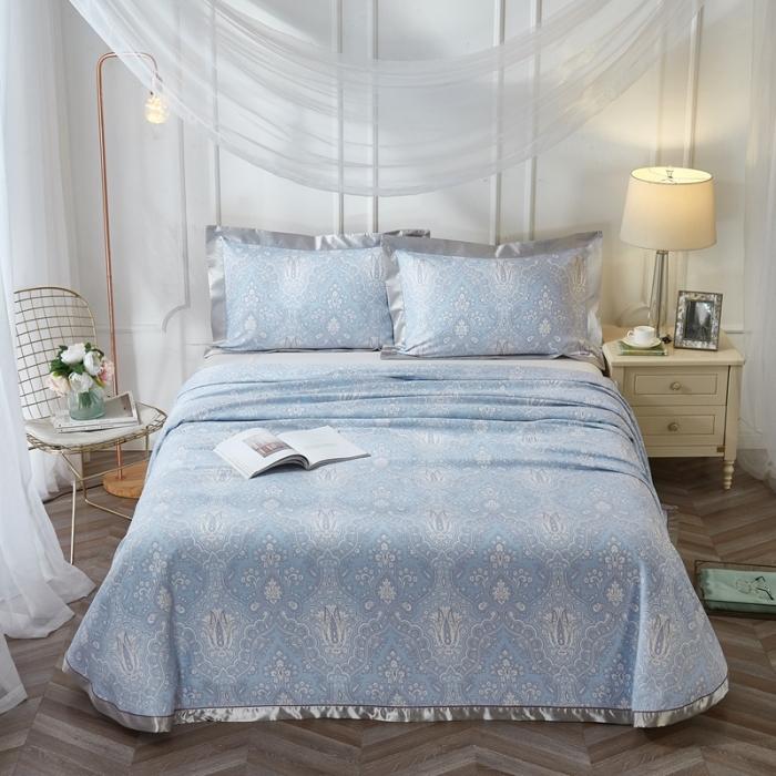 91家纺网 家纺一手货源 找家纺 威克凯丽2021年春夏新品印花款纯竹纤维软凉席三件套梦伊莎