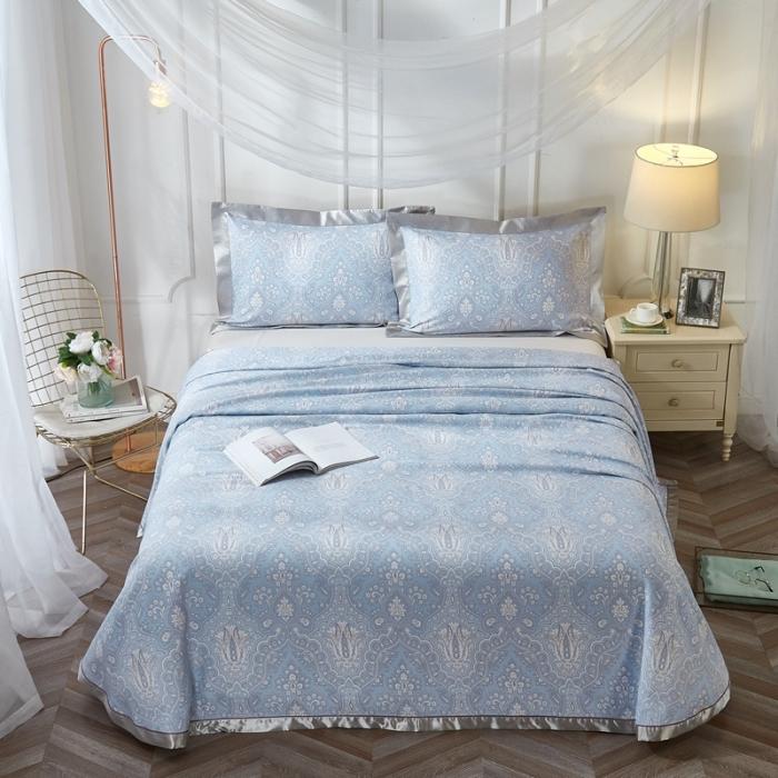 91家纺网 家纺一手货源 找家纺 威克凯丽2021年春夏新品印花款纯竹纤维软凉席三件套梦伊莎