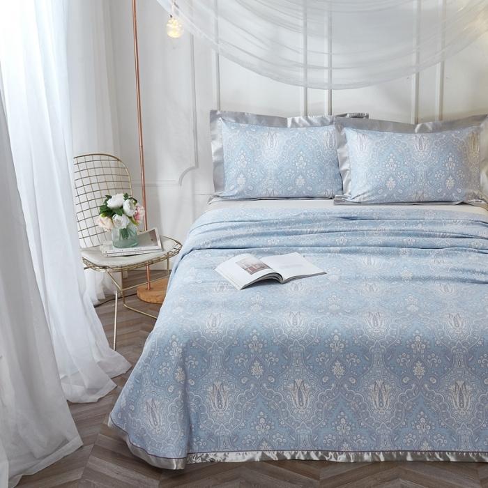 91家纺网 家纺一手货源 找家纺 威克凯丽2021年春夏新品印花款纯竹纤维软凉席三件套梦伊莎