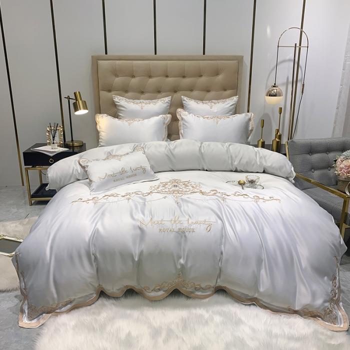 91家纺网 家纺一手货源 找家纺 安妮家居 2020新款60支水洗真丝绣花四件套 佛罗伦萨白色