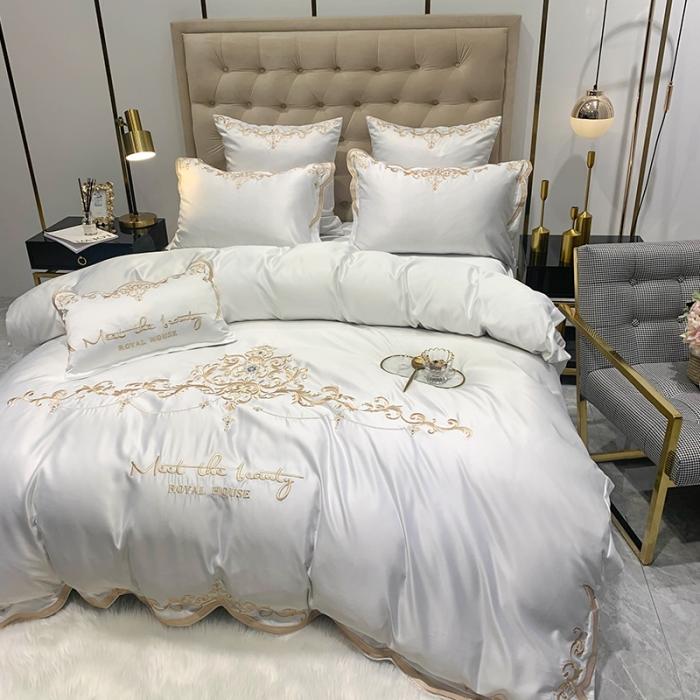 91家纺网 家纺一手货源 找家纺 安妮家居 2020新款60支水洗真丝绣花四件套 佛罗伦萨白色