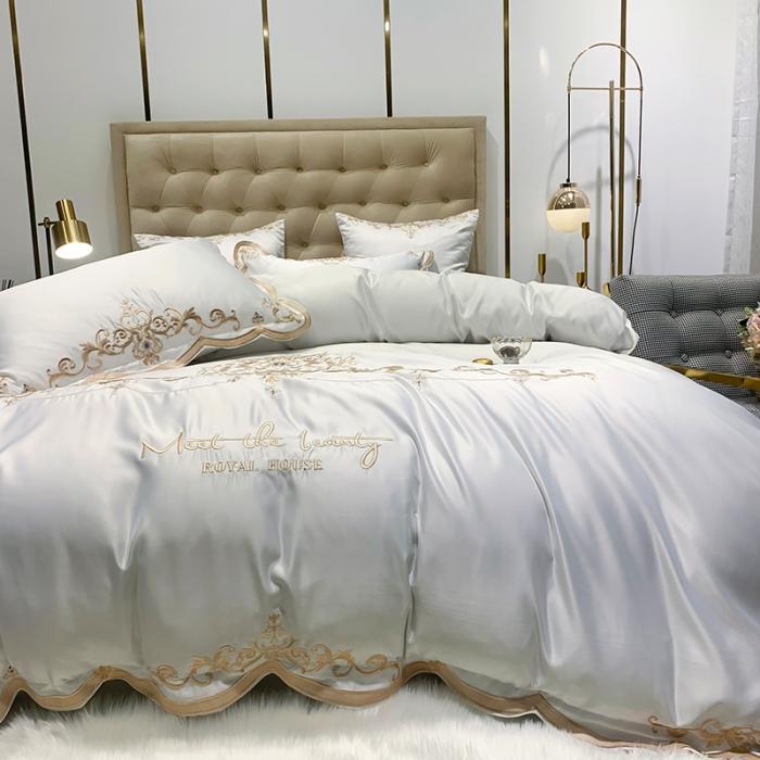 91家纺网 家纺一手货源 找家纺 安妮家居 2020新款60支水洗真丝绣花四件套 佛罗伦萨白色