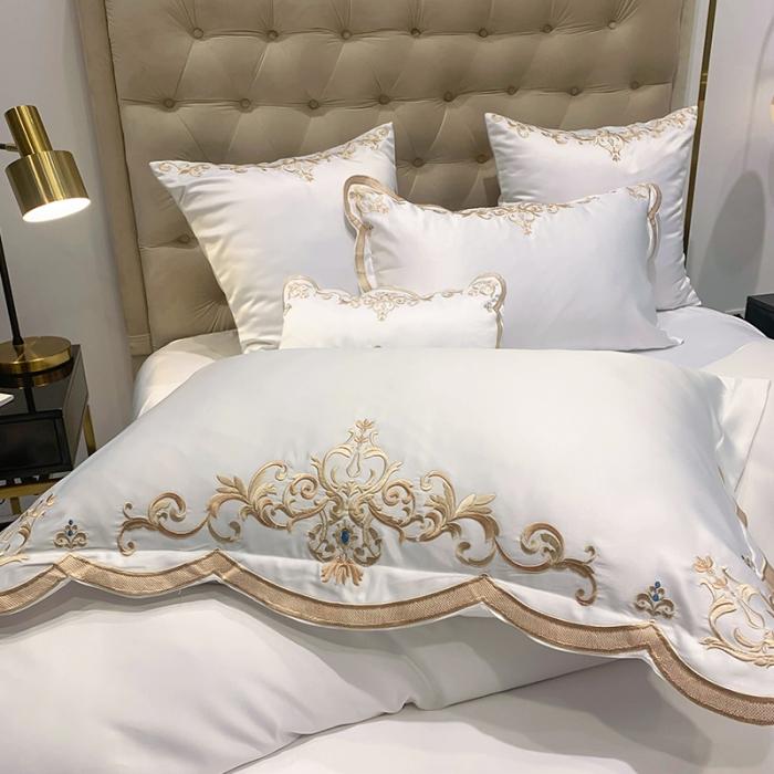 91家纺网 家纺一手货源 找家纺 安妮家居 2020新款60支水洗真丝绣花四件套 佛罗伦萨白色