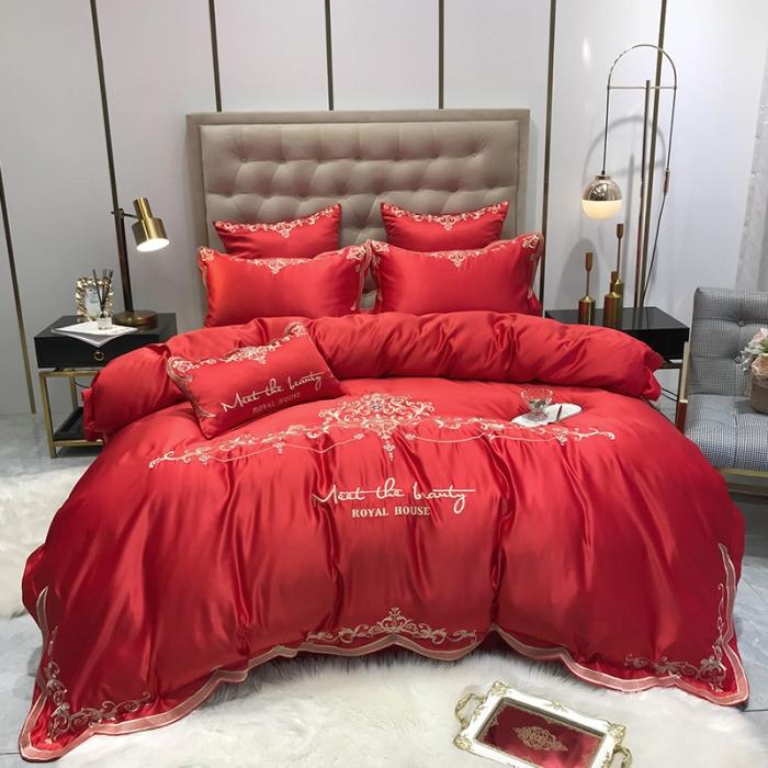 91家纺网 家纺一手货源 找家纺 安妮家居 2020新款60支水洗真丝绣花四件套 佛罗伦萨大红