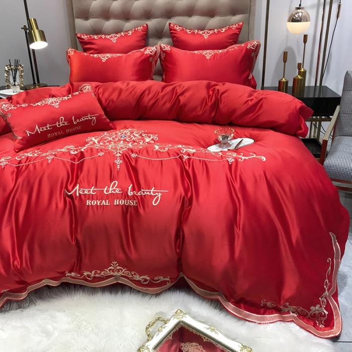 91家纺网 家纺一手货源 找家纺 安妮家居 2020新款60支水洗真丝绣花四件套 佛罗伦萨大红