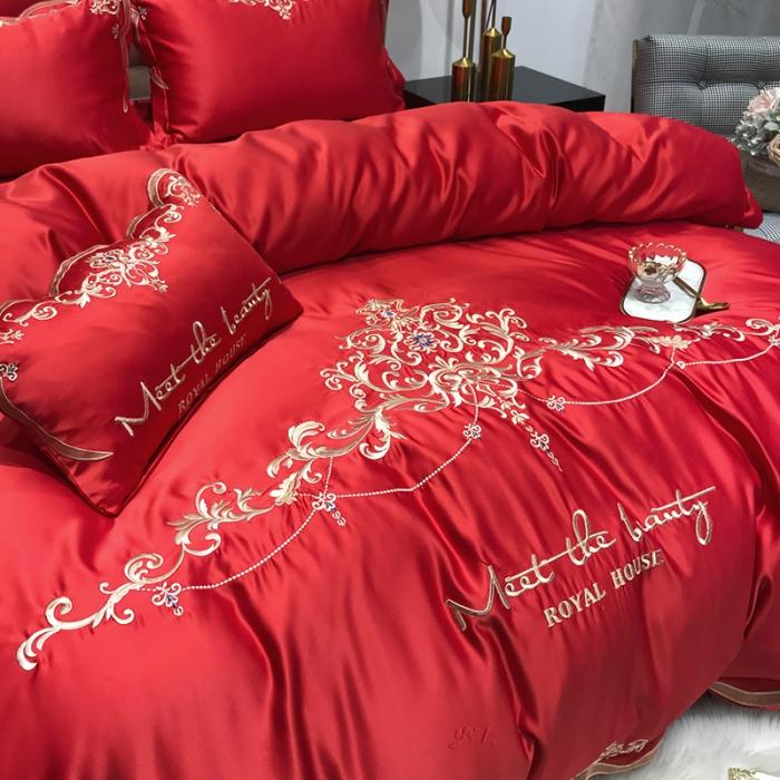 91家纺网 家纺一手货源 找家纺 安妮家居 2020新款60支水洗真丝绣花四件套 佛罗伦萨大红