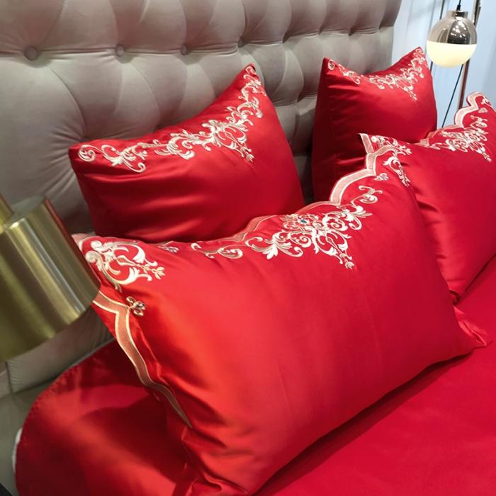 91家纺网 家纺一手货源 找家纺 安妮家居 2020新款60支水洗真丝绣花四件套 佛罗伦萨大红