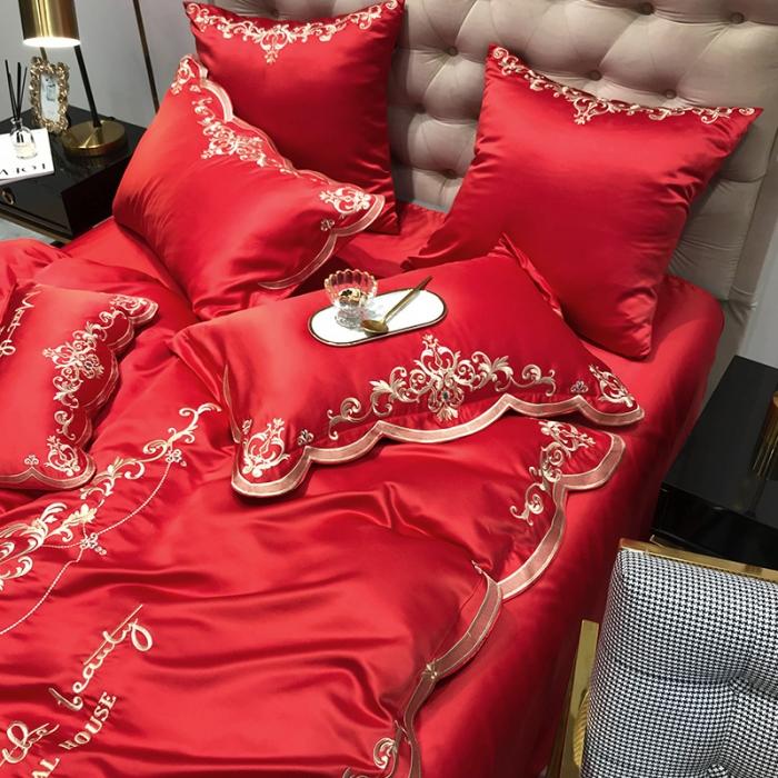 91家纺网 家纺一手货源 找家纺 安妮家居 2020新款60支水洗真丝绣花四件套 佛罗伦萨大红