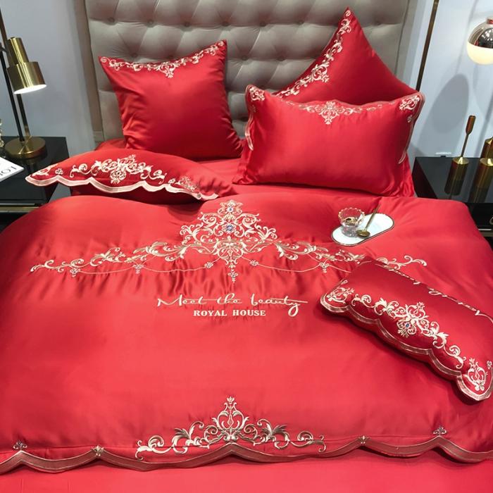 91家纺网 家纺一手货源 找家纺 安妮家居 2020新款60支水洗真丝绣花四件套 佛罗伦萨大红