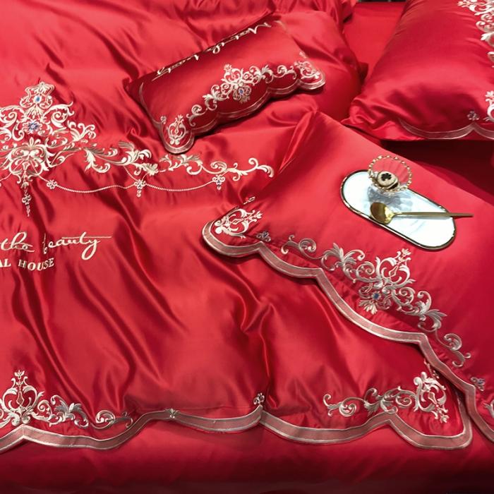 91家纺网 家纺一手货源 找家纺 安妮家居 2020新款60支水洗真丝绣花四件套 佛罗伦萨大红