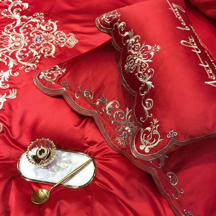 91家纺网 家纺一手货源 找家纺 安妮家居 2020新款60支水洗真丝绣花四件套 佛罗伦萨大红