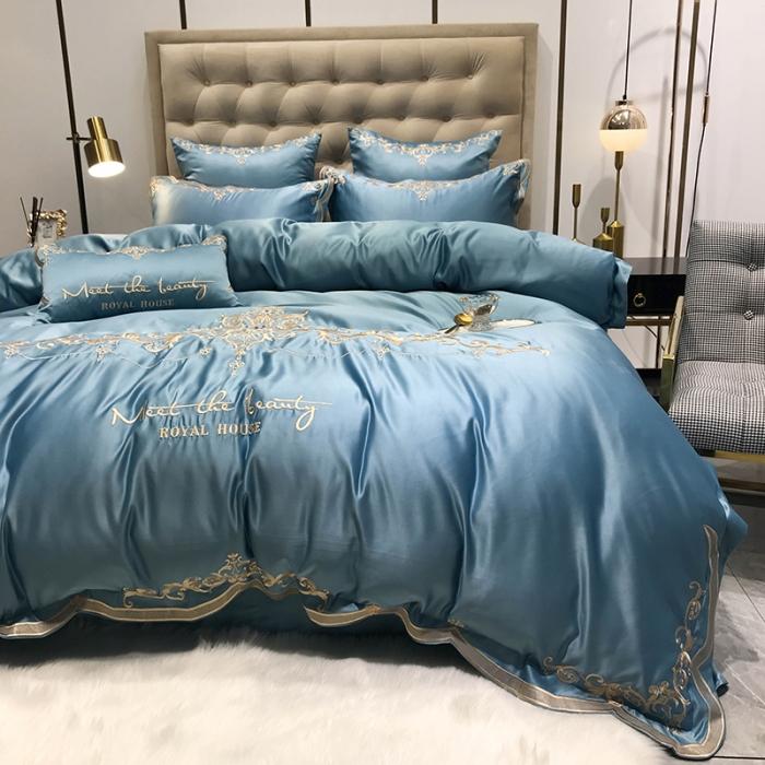 91家纺网 家纺一手货源 找家纺 安妮家居 2020新款60支水洗真丝绣花四件套 佛罗伦萨湖蓝