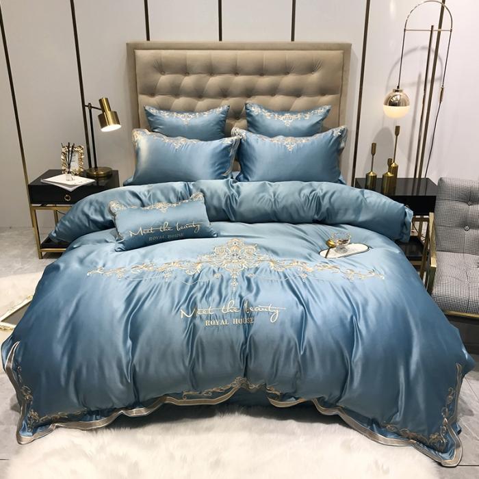 91家纺网 家纺一手货源 找家纺 安妮家居 2020新款60支水洗真丝绣花四件套 佛罗伦萨湖蓝