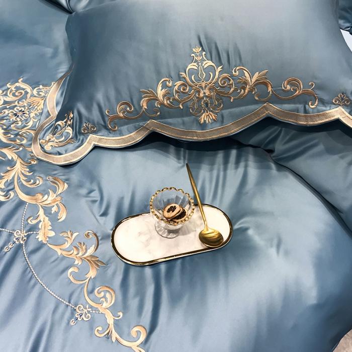 91家纺网 家纺一手货源 找家纺 安妮家居 2020新款60支水洗真丝绣花四件套 佛罗伦萨湖蓝