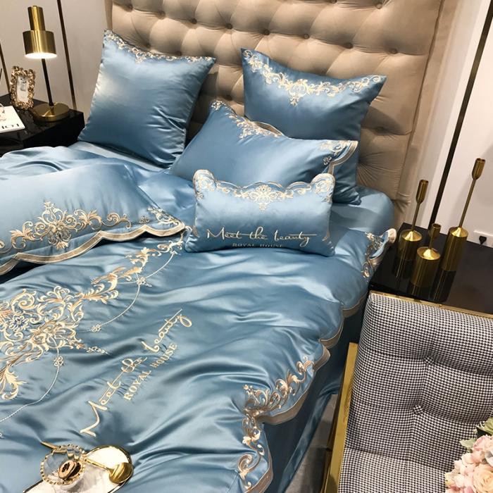 91家纺网 家纺一手货源 找家纺 安妮家居 2020新款60支水洗真丝绣花四件套 佛罗伦萨湖蓝