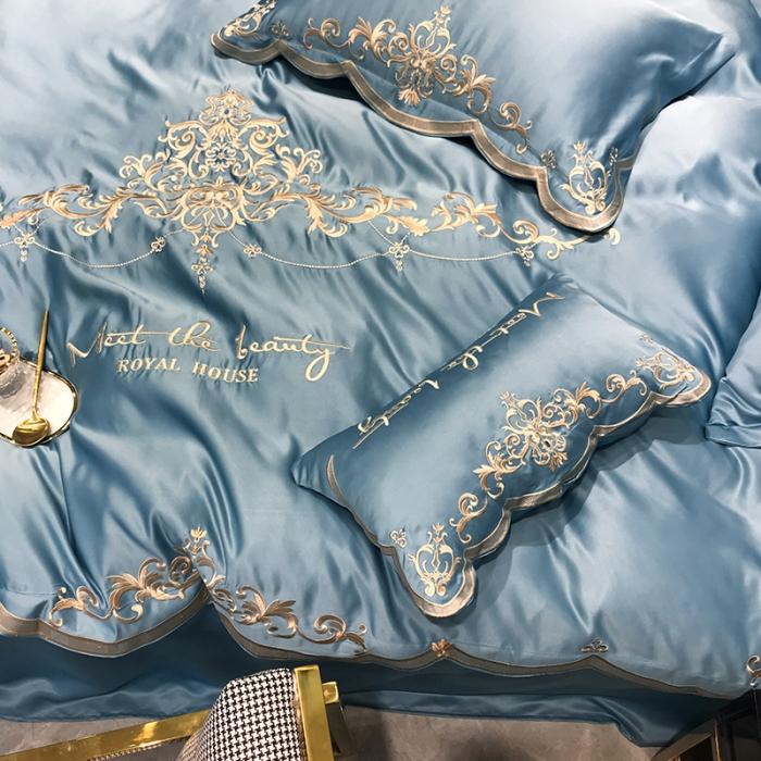 91家纺网 家纺一手货源 找家纺 安妮家居 2020新款60支水洗真丝绣花四件套 佛罗伦萨湖蓝