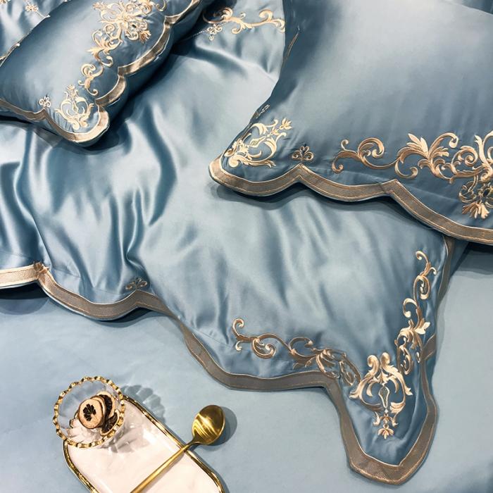 91家纺网 家纺一手货源 找家纺 安妮家居 2020新款60支水洗真丝绣花四件套 佛罗伦萨湖蓝