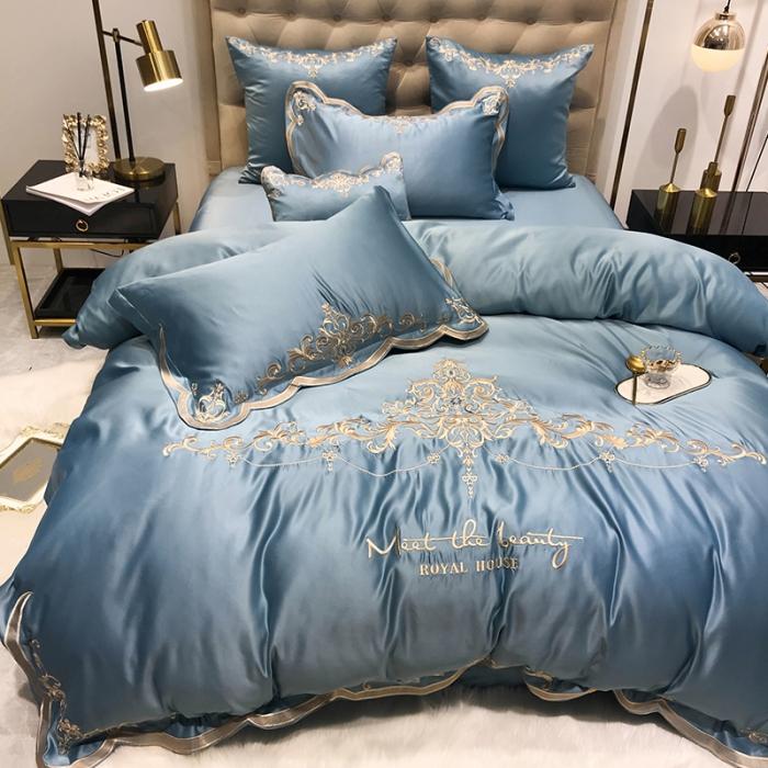 91家纺网 家纺一手货源 找家纺 安妮家居 2020新款60支水洗真丝绣花四件套 佛罗伦萨湖蓝