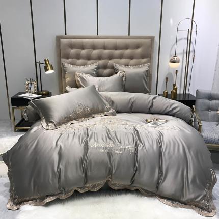 安妮家居 2020新款60支水洗真丝绣花四件套 佛罗伦萨灰色