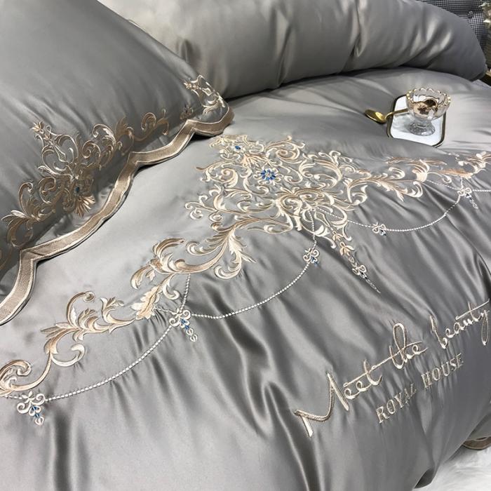 91家纺网 家纺一手货源 找家纺 安妮家居 2020新款60支水洗真丝绣花四件套 佛罗伦萨灰色