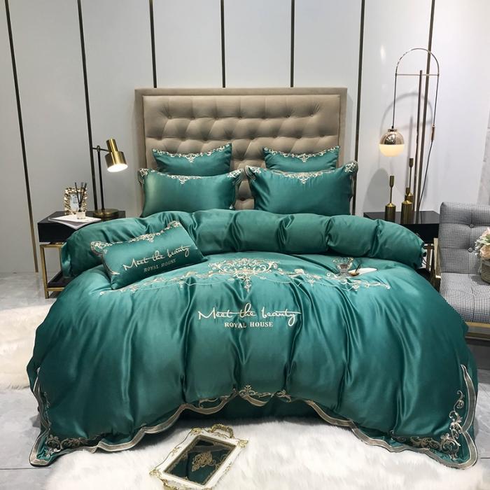 91家纺网 家纺一手货源 找家纺 安妮家居 2020新款60支水洗真丝绣花四件套 佛罗伦萨墨绿