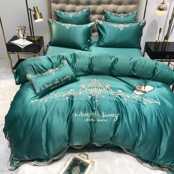 91家纺网 家纺一手货源 找家纺 安妮家居 2020新款60支水洗真丝绣花四件套 佛罗伦萨墨绿