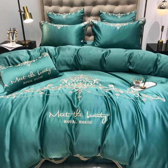 91家纺网 家纺一手货源 找家纺 安妮家居 2020新款60支水洗真丝绣花四件套 佛罗伦萨墨绿