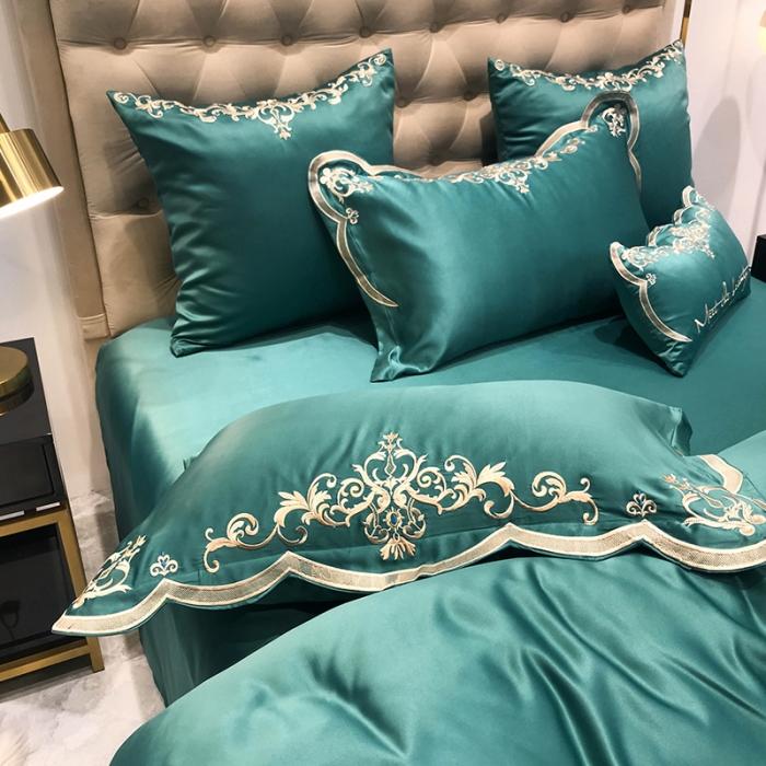 91家纺网 家纺一手货源 找家纺 安妮家居 2020新款60支水洗真丝绣花四件套 佛罗伦萨墨绿