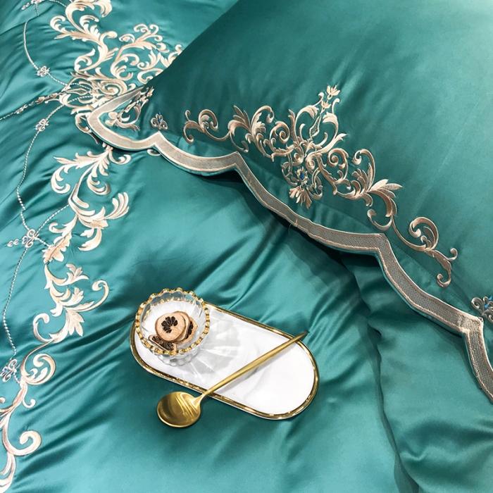 91家纺网 家纺一手货源 找家纺 安妮家居 2020新款60支水洗真丝绣花四件套 佛罗伦萨墨绿